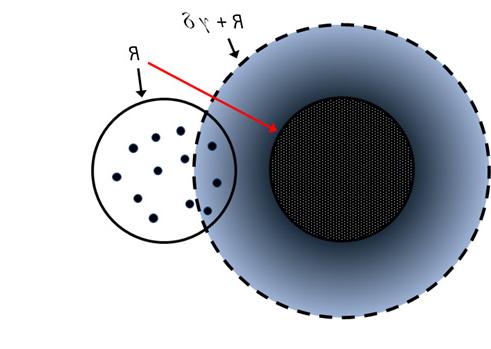 A schematic image of a pair of interpenetrating fractal aggregates of identical radii. For one aggregate the subunits are shown as a cloud of density while for the other the center of each subunit is represented by a point. 联系 numbers are estimated from the overlaps between these points and the cloud of density. 